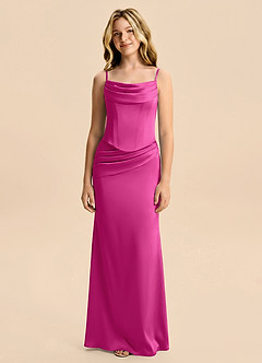 Azazie Sorrel Junior Vestido Fucsia de Satén Elástico de Corte Sirena con Drapeado image6