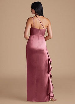 Azazie Latrice At-home Try On Dresses Desert Rose Sheath One Shoulder Metallic Satin Dress image5
