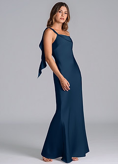 Azazie Driea Bridesmaid Dresses Dark Navy Mermaid One Shoulder Stretch Satin Dress image5
