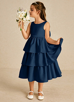 Azazie Margery Flower Girl Dresses Dark Navy A-Line Bow Stretch Satin Dress image4