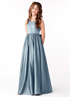 Azazie Hathaway Junior Dusty Blue A-Line Bow Stretch Satin Dress image3