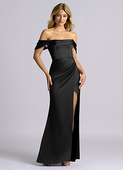 Azazie Auden Jurken voor bruidsmeisjes Converteerbaar Jurk van Stretch Satijn met Kolom Off the Shoulder Zwart image7