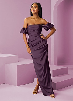 Barbie ♥ Azazie Jurken voor bruidsmeisjes Converteerbaar Jurk van Stretch Satijn met Kolom Off the Shoulder Pruim image3
