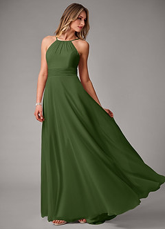 Azazie Amalia Bridesmaid Dresses Olive A-Line Pleated Chiffon Dress image3