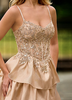 Jasmunya Champagne Ruffle Floral Corset Prom Dress with Slit image5