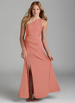 Azazie Maron Junior Coral A-Line Pleated Stretch Satin Dress image1