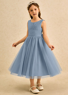 Azazie Macaron Jurken voor bloemenmeisjes A-Lijn Jurk van Tule Geplooid Stoffig Blauw image4