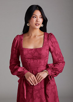Azazie Leonia Bridesmaid Dresses Burgundy A-Line Long Sleeve Floral Burnout Dress image6