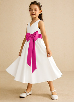 Azazie Darling Flower Girl Dresses Ivory Fuchsia A-Line Bow Cotton Dress image3
