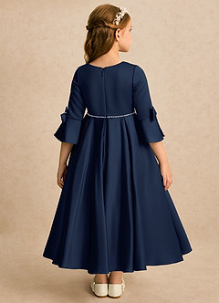 Azazie Eliza Flower Girl Dresses Dark Navy A-Line Pleated Matte Satin Dress image2