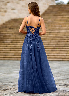 Milliener Navy Tulle Flowers Prom Dress image2