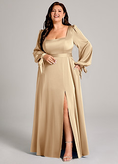 Azazie Leonia Robes de demoiselle d'honneur Robe Trapèze en Satin extensible Manche longue Champagne image8