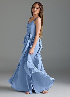 Azazie Peyton Steel Blue A-Line V-Neck Cascading Ruffles Chiffon Dress image4