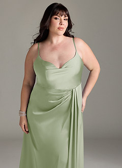 Azazie Brielle Robes de demoiselle d'honneur Robe Trapèze en Satin extensible Bretelles spaghetti Vert Sauge image11