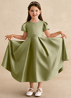 Azazie Princess Flower Girl Dresses Moss Green A-Line Pleated Matte Satin Dress image3