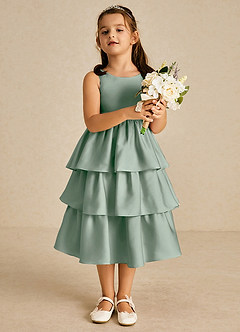 Azazie Margery Flower Girl Dresses Agave A-Line Bow Stretch Satin Dress image2