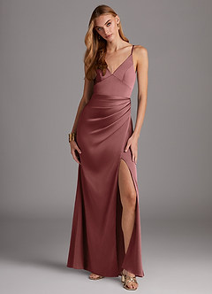 Azazie Shania Bridesmaid Dresses Amethyst Sheath V-Neck Pleated Stretch Satin Dress image1