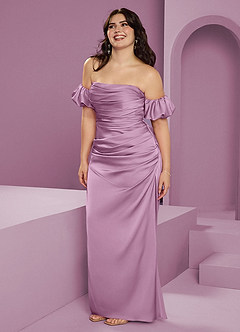 Barbie ♥ Azazie Robes de demoiselle d'honneur Robe Fourreau Convertible en Satin extensible Épaule décolletée Glycine image14
