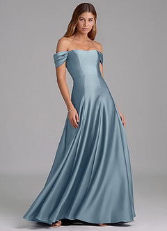 Azazie Seriana At-home Try On Dresses Dusty Blue A-Line Off the Shoulder Stretch Satin Convertible Dress image4