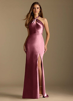Azazie Tracie Bridesmaid Dresses Desert Rose A-Line Pleated Metallic Satin Dress image1