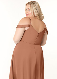Azazie Ocean Bridesmaid Dresses Bronzer A-Line V-Neck Pleated Stretch Satin Dress image11