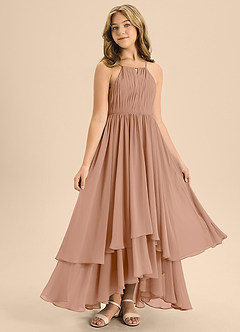 Azazie Elliora Junior Abito A-Line in Chiffon Plissettato Champagne Rosa image3
