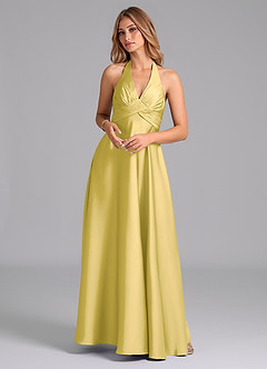 Azazie Tessie Bridesmaid Dresses Canary A-Line Pleated Stretch Satin Dress image1