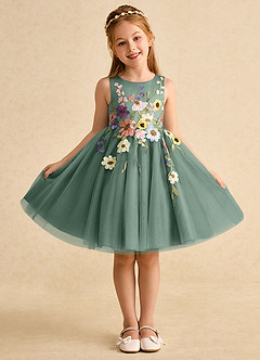 Azazie Prima Blumenmädchenkleider A-Linie Schleifen Tüll Kleid Eukalyptus image1