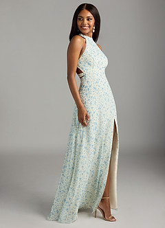 Azazie Clarice Bridesmaid Dresses Blue And White Ditsy Floral A-Line Halter Chiffon Dress image4