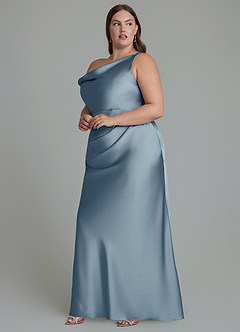 Azazie Emerson Vestidos de damas de honor Vestido Azul Polvoriento de Satén Elástico de Corte Sirena con Hombros descubiertos image10