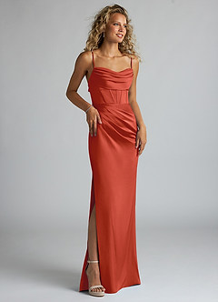 Azazie Mai Bridesmaid Dresses Rust Sheath Pleated Stretch Satin Dress image3