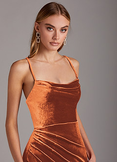 Azazie Kindness Vestidos de damas de honor Vestido de Naranja Quemada de terciopelo de Corte Recto con Cuello V Corsé image6
