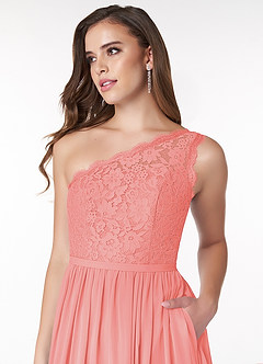 Azazie Demi Vestidos de damas de honor Vestido de Coral de Gasa de Corte en A con Hombro unilateral image5