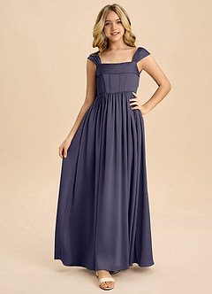 Azazie Hattie Junior Abito A-Line in Raso Elasticizzato Plissettato Stormy image5