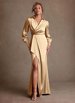 Azazie Jacinta 신부의 어머니 드레스 쉬스 주름진 스트레치 새틴 플로어 길이 드레스 image1