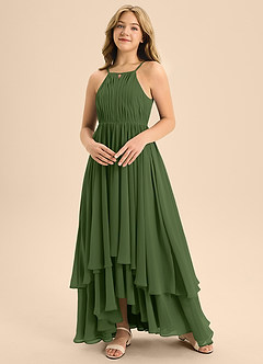 Azazie Elliora Junior Olive A-Line Pleated Chiffon Dress image4