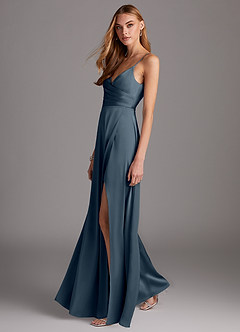 Azazie Calissa Robes de demoiselle d'honneur Robe Trapèze en Satin extensible Col V plissé Violet Crépusculaire image7