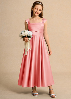 Azazie Bundle Junior Formal Flower Girl Dresses Coral A-Line Pleated Matte Satin Dress image3