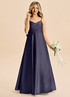 Azazie Rumi Junior A-Line Plisseret Stræk satin Gulv-længde Junior brudepige Kjole image4