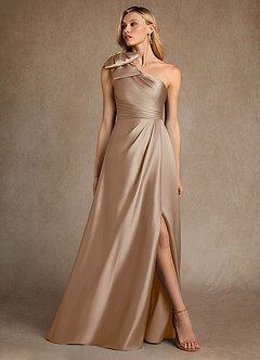 Azazie Easton Mother of the Bride Dresses Taupe A-Line One Shoulder Stretch Satin Dress image4