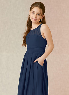 Azazie Bibiane Junior Dark Navy A-Line Pleated Chiffon Dress image7