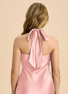 Azazie Chickie Junior Powder Pink Sheath Pleated Stretch Satin Dress image6