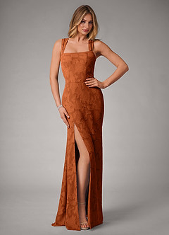 Azazie Luci Abiti da Damigella Abito Convertibile Sirena in Burnout Floreale Plissettato Arancia Bruciata image1