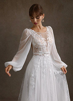 Azazie Keylani Wedding Dresses Diamond White Champagne A-Line Lace Dress image3