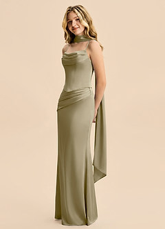 Azazie Sorrel Junior Moss Green Mermaid Ruched Stretch Satin Dress image4