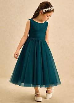 Azazie Macaron Jurken voor bloemenmeisjes A-Lijn Jurk van Tule Geplooid Pijnboom image1