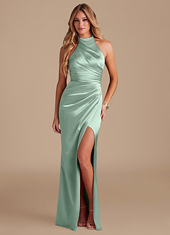 Azazie Jemma Bridesmaid Dresses Agave Sheath Pleated Metallic Satin Dress image1