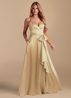 Azazie Sophia Bridesmaid Dresses Champagne A-Line with Pockets Metallic Satin Dress image1