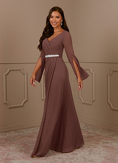 Azazie Belinda Mother of the Bride Dresses Espresso A-Line V-Neck Pleated Chiffon Dress image3