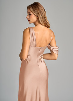 Azazie Celina Bridesmaid Dresses Rose Gold Sheath Off the Shoulder Stretch Satin Dress image8